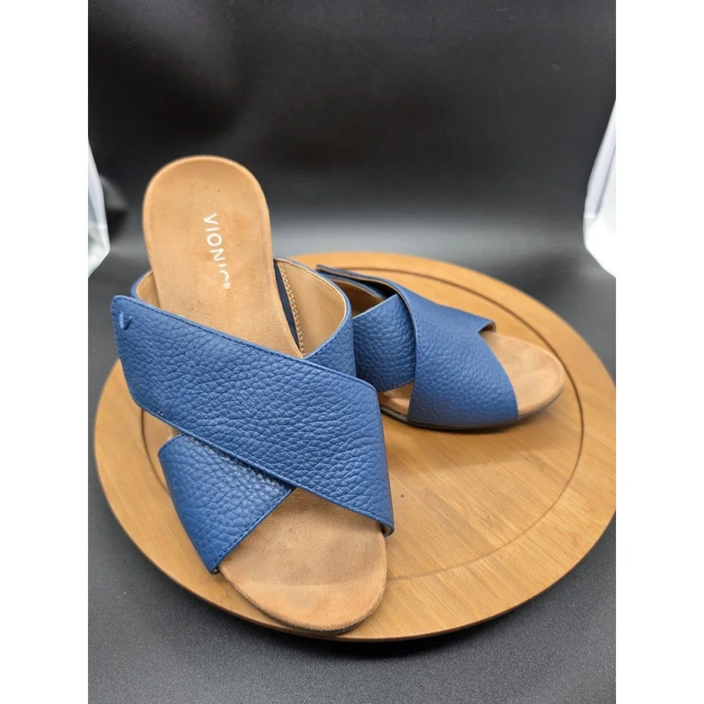 Vionic Leticia CrissCross Blue Leather Wedge Heel‎ Slip On Summer Sandal Size 9